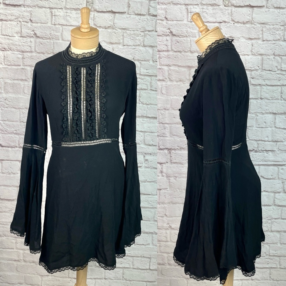 For Love & Lemons Willow Black Bell Sleeve Whimsy Goth Lace Mini Dress Size L